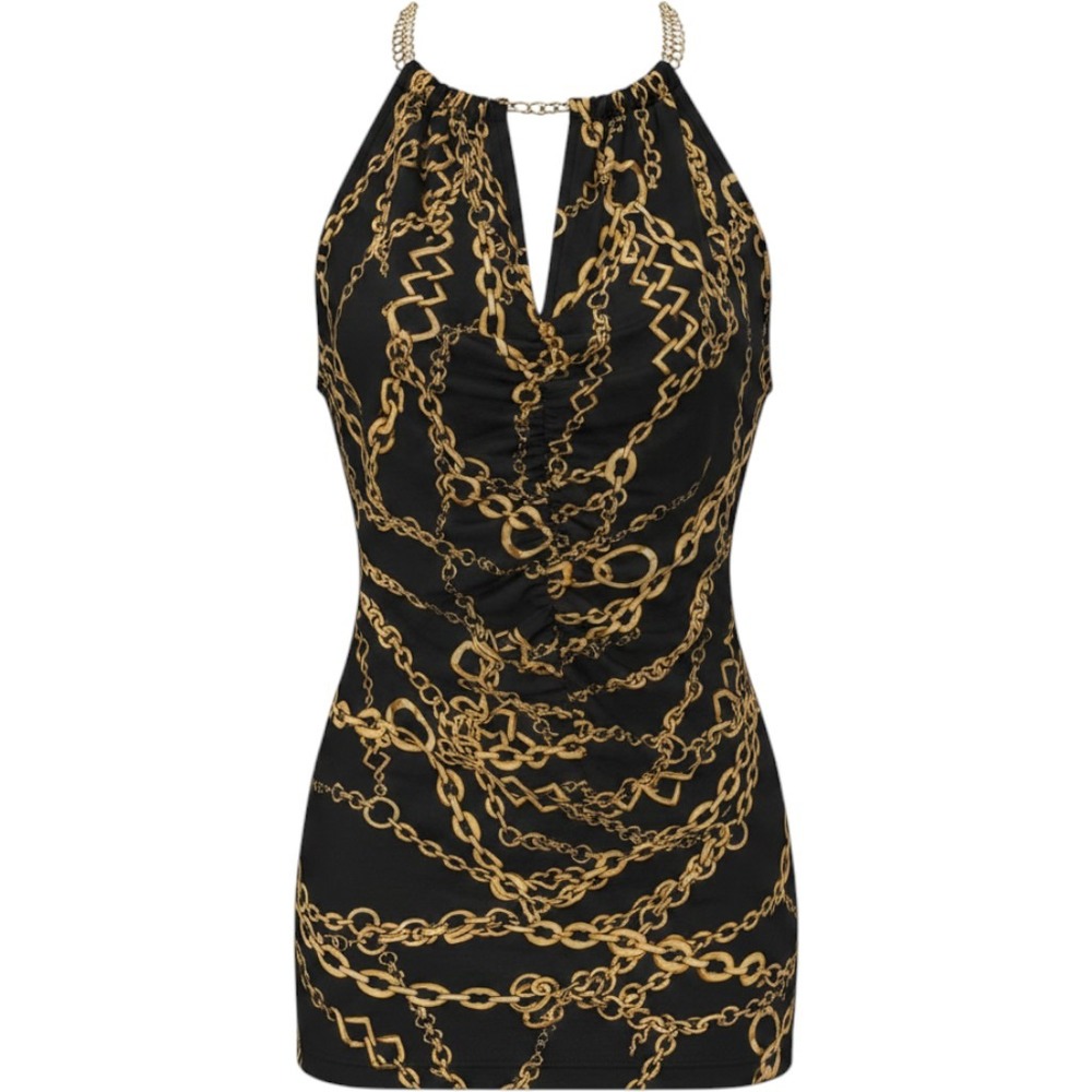 Vintage Cache Halter Top Medium Black Gold Chain Print Keyhole Ruched Glam